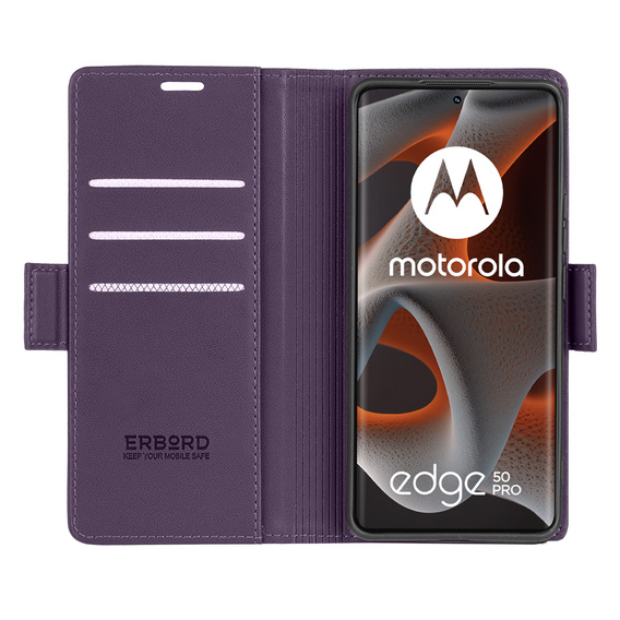 Case for Motorola Edge 50 Pro, ERBORD Glossy Litchi, wallet with flap, purple
