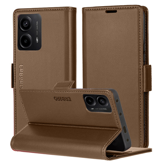 Case for Motorola Moto G24 Power, ERBORD Glossy Litchi, wallet with flap, brown