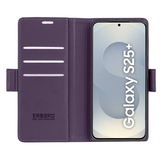 Case for Samsung Galaxy S25, ERBORD Glossy Litchi, wallet with flap, purple