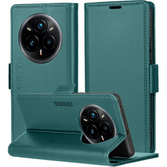 Etui do Realme 14 Pro+ 5G, ERBORD Glossy Litchi, portfel z klapką, zielone