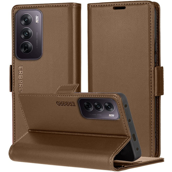 Case for Oppo Reno 12, ERBORD Glossy Litchi, wallet with flap, brown