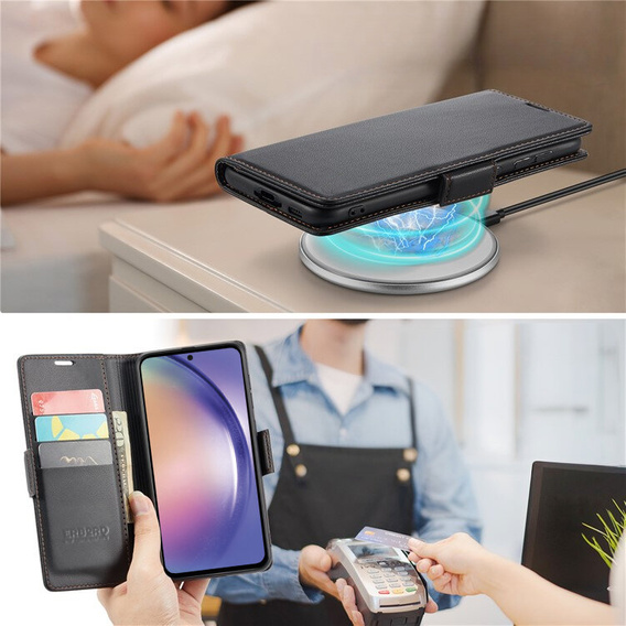 Case for Samsung Galaxy A55, ERBORD Glossy Litchi, wallet with flap, black