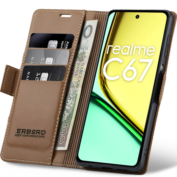 Etui do Realme C67 4G, ERBORD Glossy Litchi, portfel z klapką, brązowe