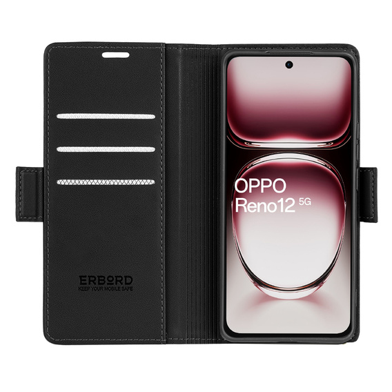 Etui do Oppo Reno 12, ERBORD Glossy Litchi, portfel z klapką, czarne