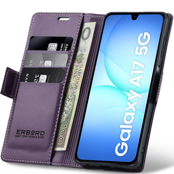 Etui do Samsung Galaxy A17 5G, ERBORD Glossy Litchi, portfel z klapką, fioletowe
