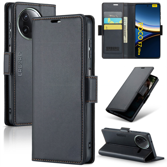 Case for Xiaomi Poco F7 Ultra, ERBORD Glossy Litchi, wallet with flap, black