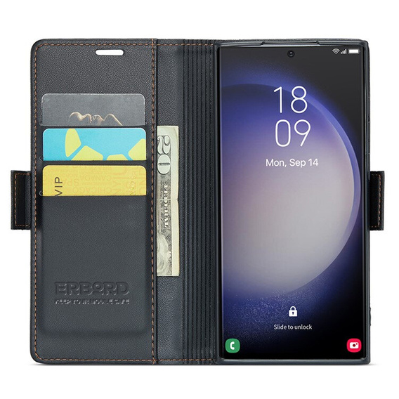 Case for Samsung Galaxy S24 Ultra, ERBORD Glossy Litchi, wallet with flap, black