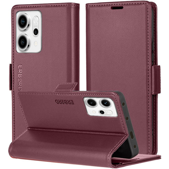 Case for Oppo Reno 14, ERBORD Glossy Litchi, wallet with flap, red