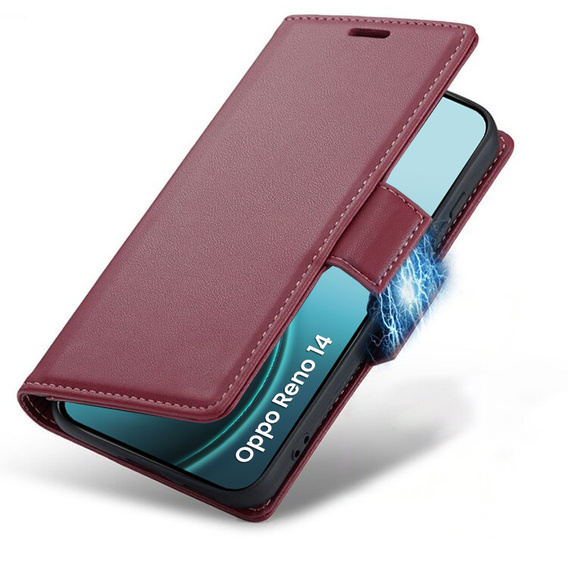 Case for Oppo Reno 14, ERBORD Glossy Litchi, wallet with flap, red