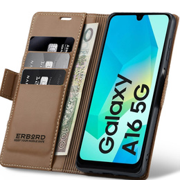 Case for Samsung Galaxy A16, ERBORD Glossy Litchi, wallet with flap, brown