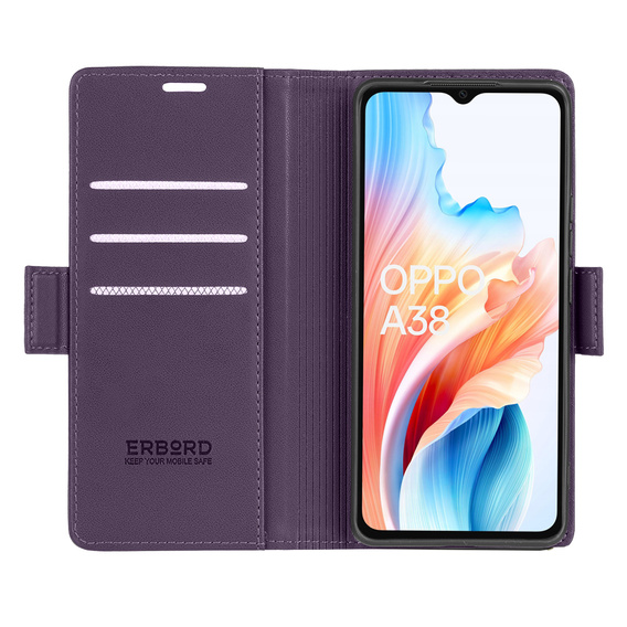 Etui do Oppo A18 4G / A38 4G, ERBORD Glossy Litchi, portfel z klapką, fioletowe