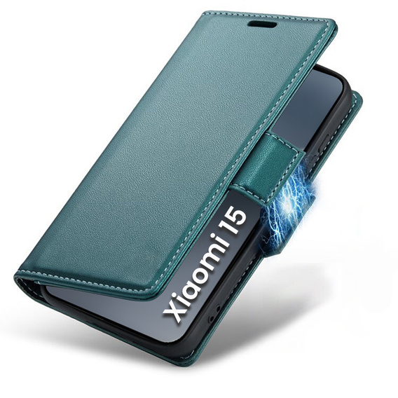 Case for Xiaomi 15, ERBORD Glossy Litchi, wallet with flap, green