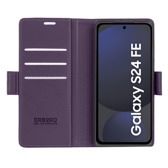 Case for Samsung Galaxy S24 FE, ERBORD Glossy Litchi, wallet with flap, purple