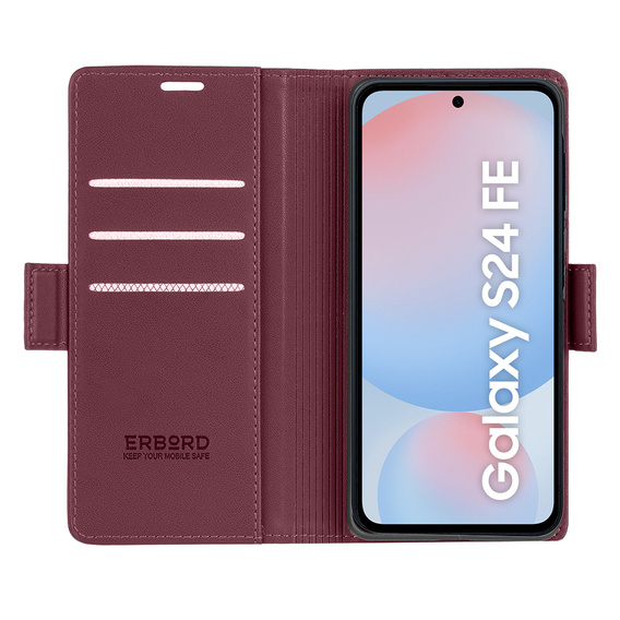 Case for Samsung Galaxy S24 FE, ERBORD Glossy Litchi, wallet with flap, red