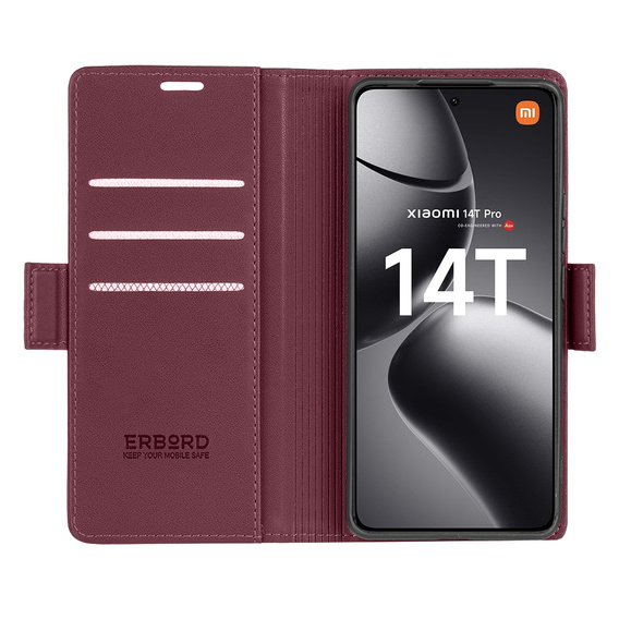 Case for Xiaomi 14T Pro, ERBORD Glossy Litchi, wallet with flap, red