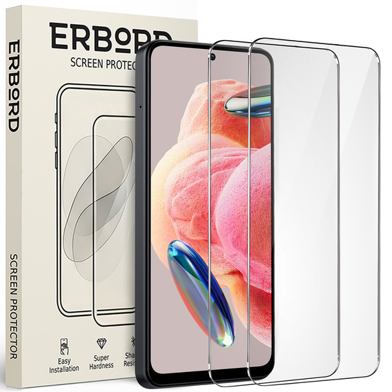 2x Tempered Glass for Xiaomi Redmi Note 12 4G/5G / POCO X5 5G, ERBORD 9H Hard Glass for phone screen