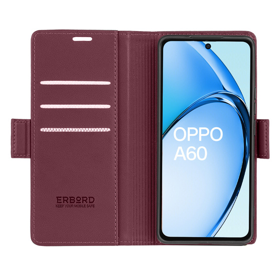 Case for Oppo A60, ERBORD Glossy Litchi, wallet with flap, red