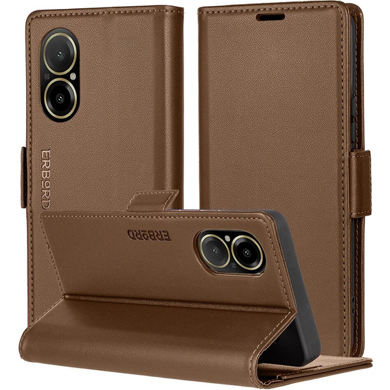 Case for Realme C67 4G, ERBORD Glossy Litchi, wallet with flap, brown