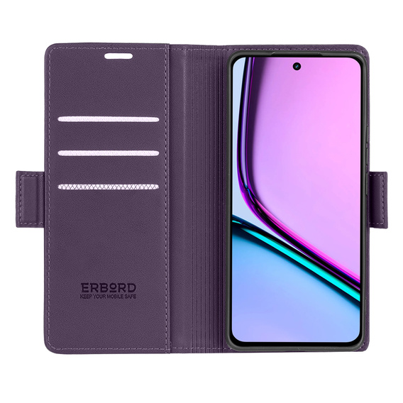 Case for Realme C67 4G, ERBORD Glossy Litchi, wallet with flap, purple