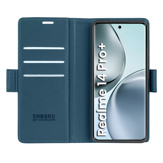 Case for Realme 14 Pro+ 5G, ERBORD Glossy Litchi, wallet with flap, blue