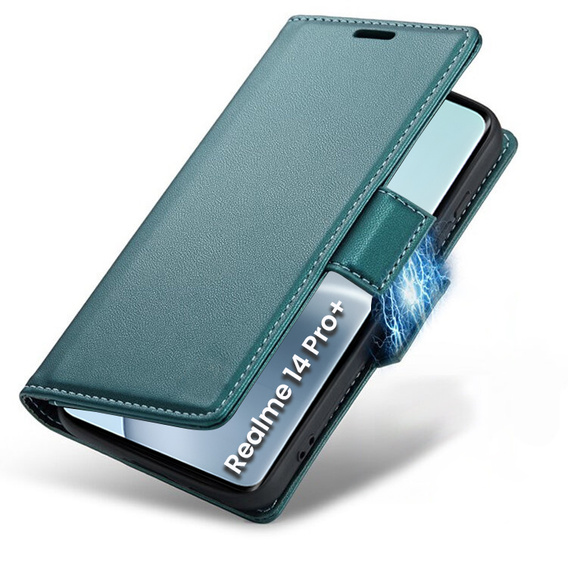 Case for Realme 14 Pro+ 5G, ERBORD Glossy Litchi, wallet with flap, green