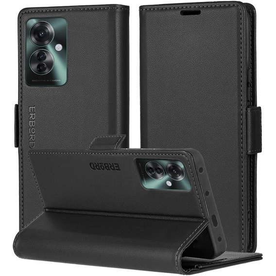 Case for Oppo Reno 11F, ERBORD Glossy Litchi, wallet with flap, black