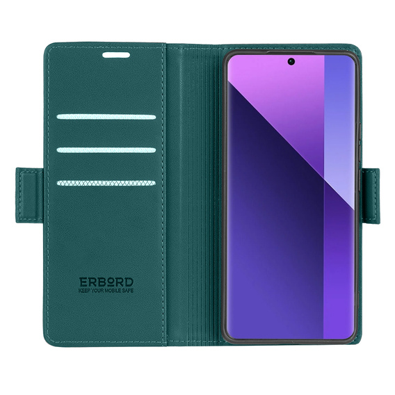 Case for Xiaomi Redmi Note 13 Pro+, ERBORD Glossy Litchi, wallet with flap, green