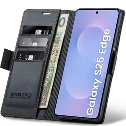 Case for Samsung Galaxy S25 Edge, ERBORD Glossy Litchi, wallet with flap, black