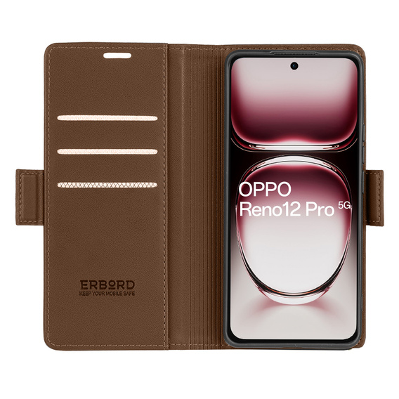 Case for Oppo Reno 12 Pro, ERBORD Glossy Litchi, wallet with flap, brown