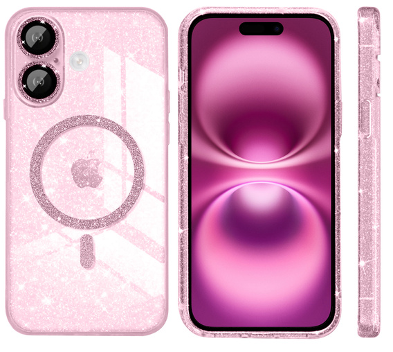 Case for iPhone 16, ERBORD Glitter MagSafe, pink + Screen Glass
