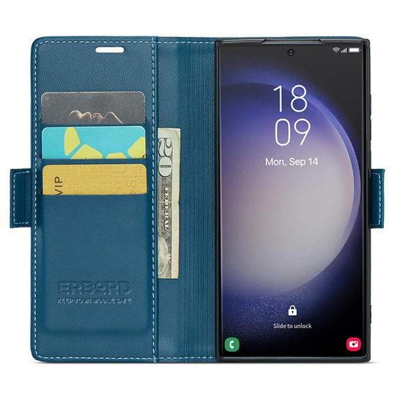 Case for Samsung Galaxy S24 Ultra, ERBORD Glossy Litchi, wallet with flap, blue