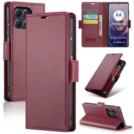 Etui do Motorola Edge 60 Pro, ERBORD Glossy Litchi, portfel z klapką, czerwone