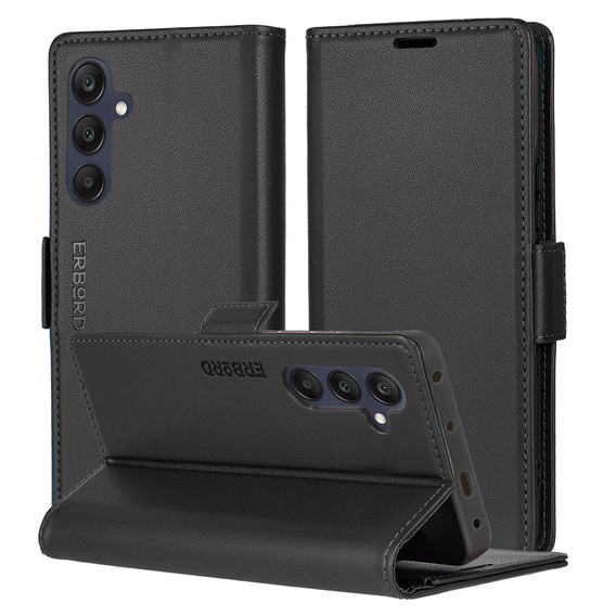 Case for Samsung Galaxy S24 FE, ERBORD Glossy Litchi, wallet with flap, black