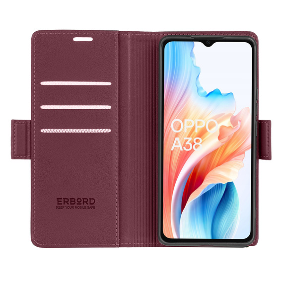 Case for Oppo A18 4G / A38 4G, ERBORD Glossy Litchi, wallet with flap, red