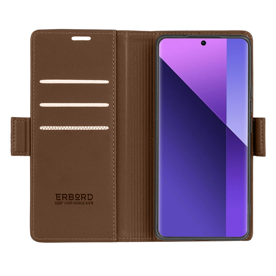 Case for Xiaomi Redmi Note 13 Pro+, ERBORD Glossy Litchi, wallet with flap, brown