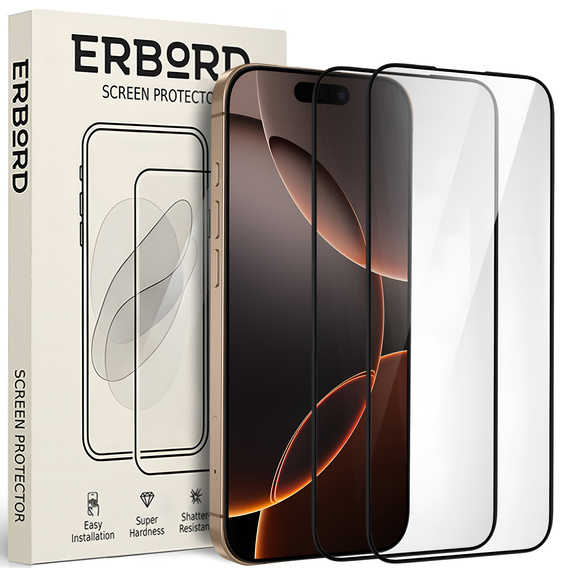 2x Tempered Glass ERBORD 3D for iPhone 16 Pro Max full display