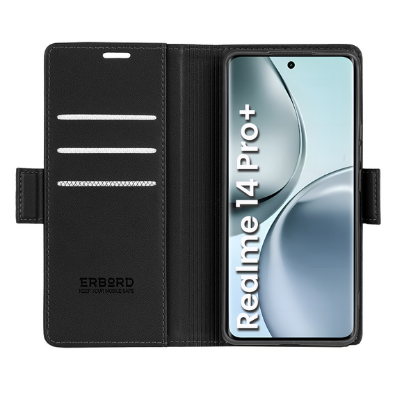 Case for Realme 14 Pro+ 5G, ERBORD Glossy Litchi, wallet with flap, black