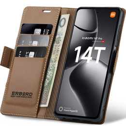 Etui do Xiaomi 14T Pro, ERBORD Glossy Litchi, portfel z klapką, brązowe