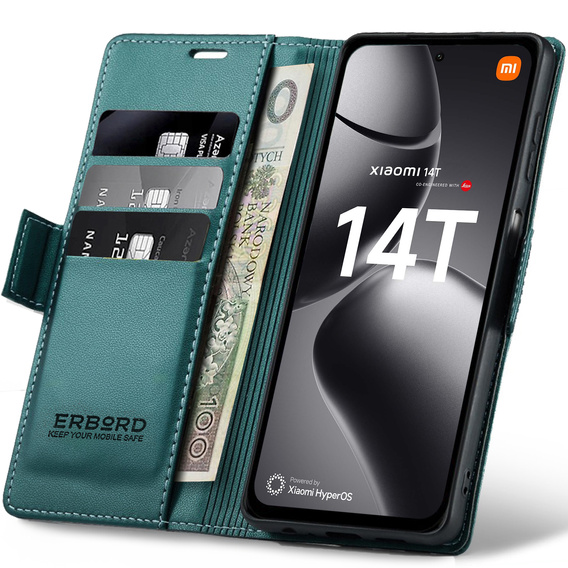 Case for Xiaomi 14T, ERBORD Glossy Litchi, wallet with flap, green