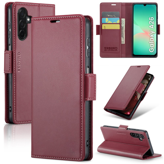 Case for Samsung Galaxy A26, ERBORD Glossy Litchi, wallet with flap, red