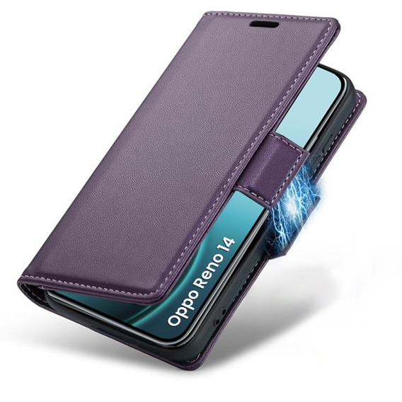 Etui do Oppo Reno 14, ERBORD Glossy Litchi, portfel z klapką, fioletowe