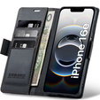 Case for Iphone 16E, ERBORD Glossy Litchi, wallet with flap, black