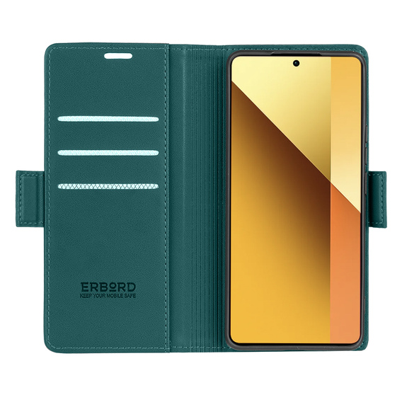 Case for Xiaomi Redmi Note 13 5G, ERBORD Glossy Litchi, wallet with flap, green