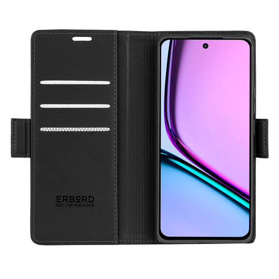 Case for Realme C67 4G, ERBORD Glossy Litchi, wallet with flap, black