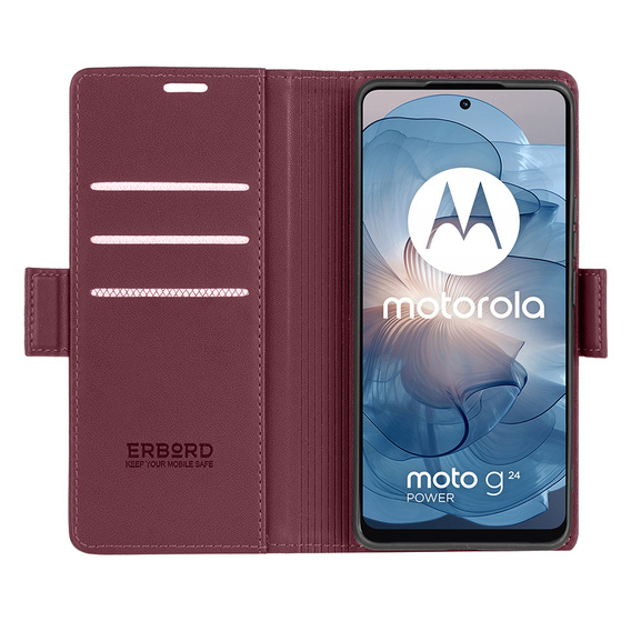 Case for Motorola Moto G24 Power, ERBORD Glossy Litchi, wallet with flap, red