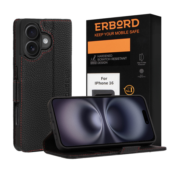 Case for iPhone 16, ERBORD Vintage, wallet with flap, black