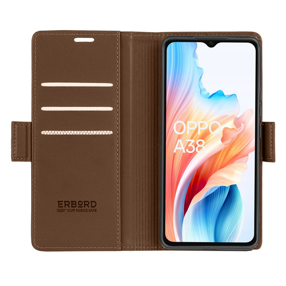 Case for Oppo A18 4G / A38 4G, ERBORD Glossy Litchi, wallet with flap, brown