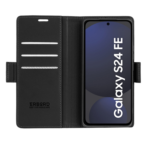 Case for Samsung Galaxy S24 FE, ERBORD Glossy Litchi, wallet with flap, black