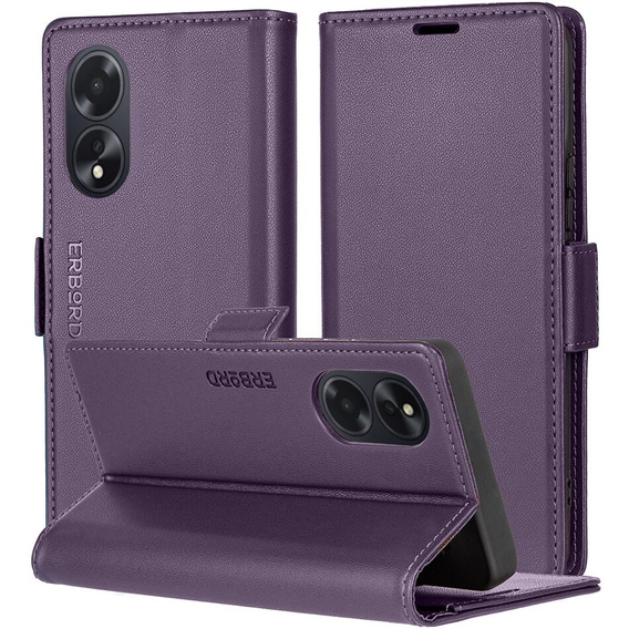 Case for Oppo A60, ERBORD Glossy Litchi, wallet with flap, purple