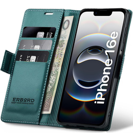 Etui do iPhone 16E, ERBORD Glossy Litchi, portfel z klapką, zielone